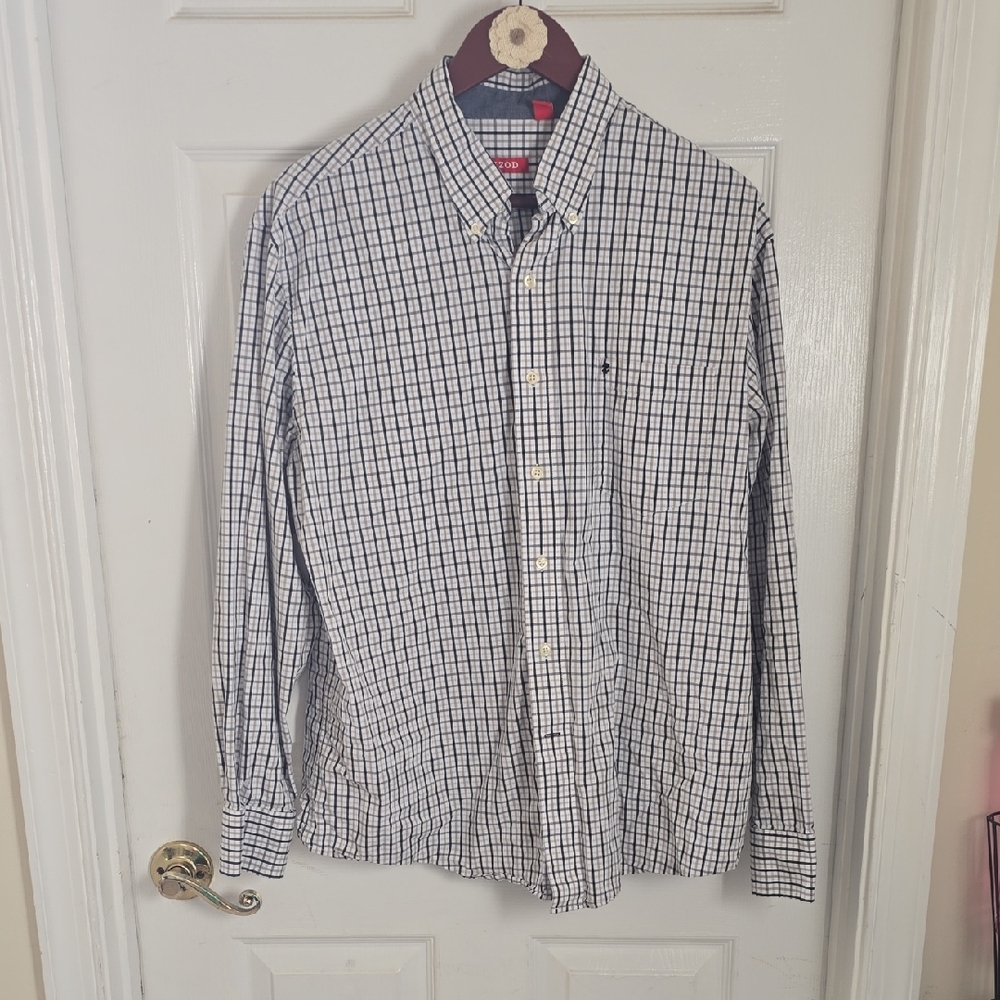Izod Men's Black, White, & Tan Plaid Shirt- Size Large